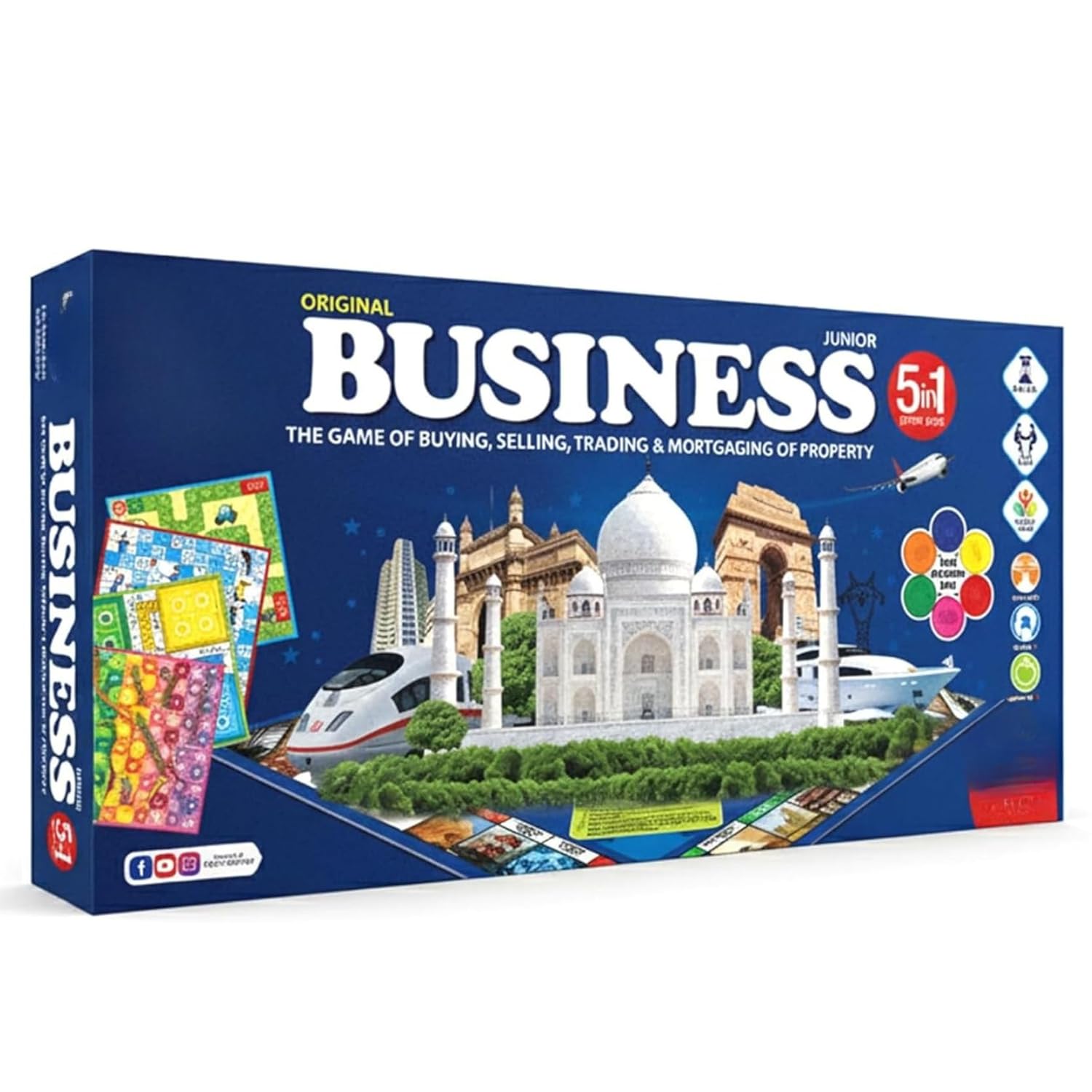VRUPRIX Business Junior Coins 5 in 1 Board Game Set of Business, Snake and Ladders, Ludo, Car Rally, and Cricket Games, 2-4 Players, Perfect for Kids & Adults Play