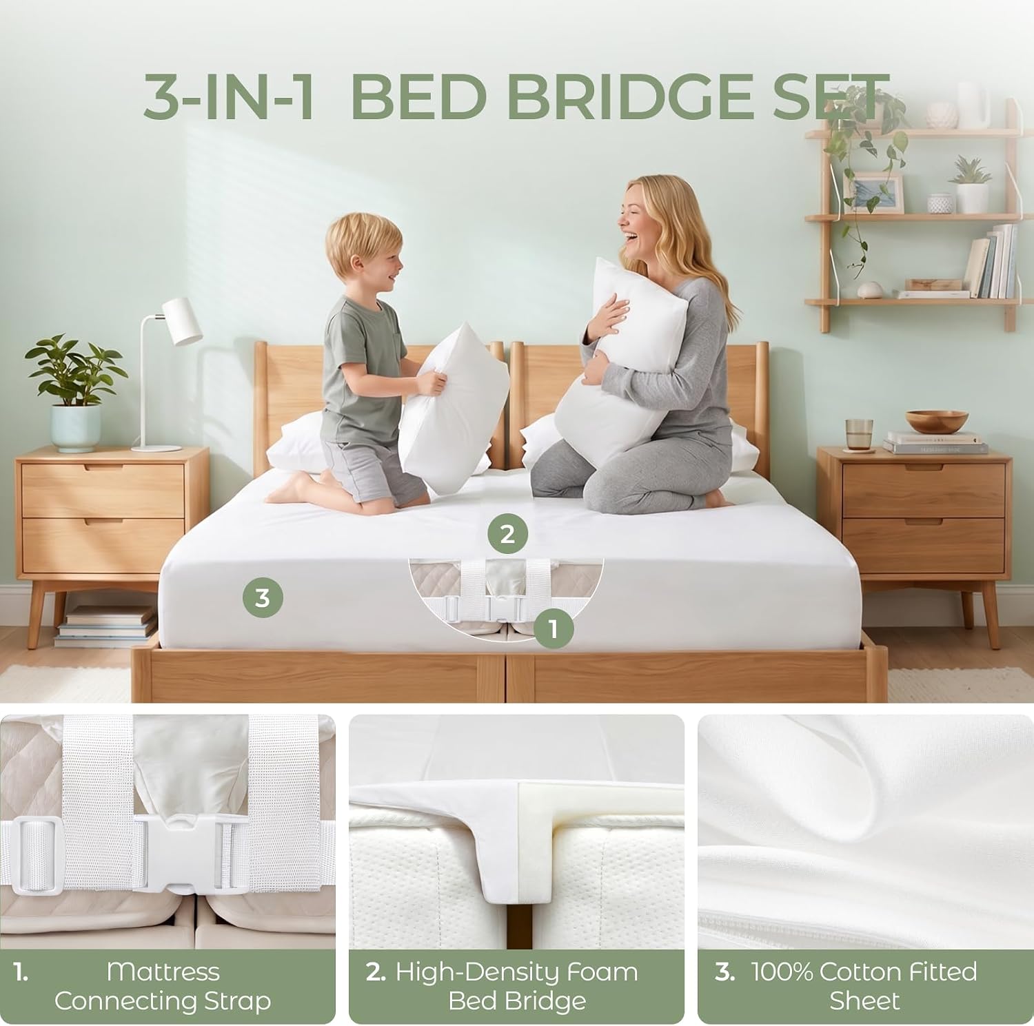 FAUNNA 3 in 1 Bed Bridge Twin to King, Bed Gap Filler with Cotton Sheet