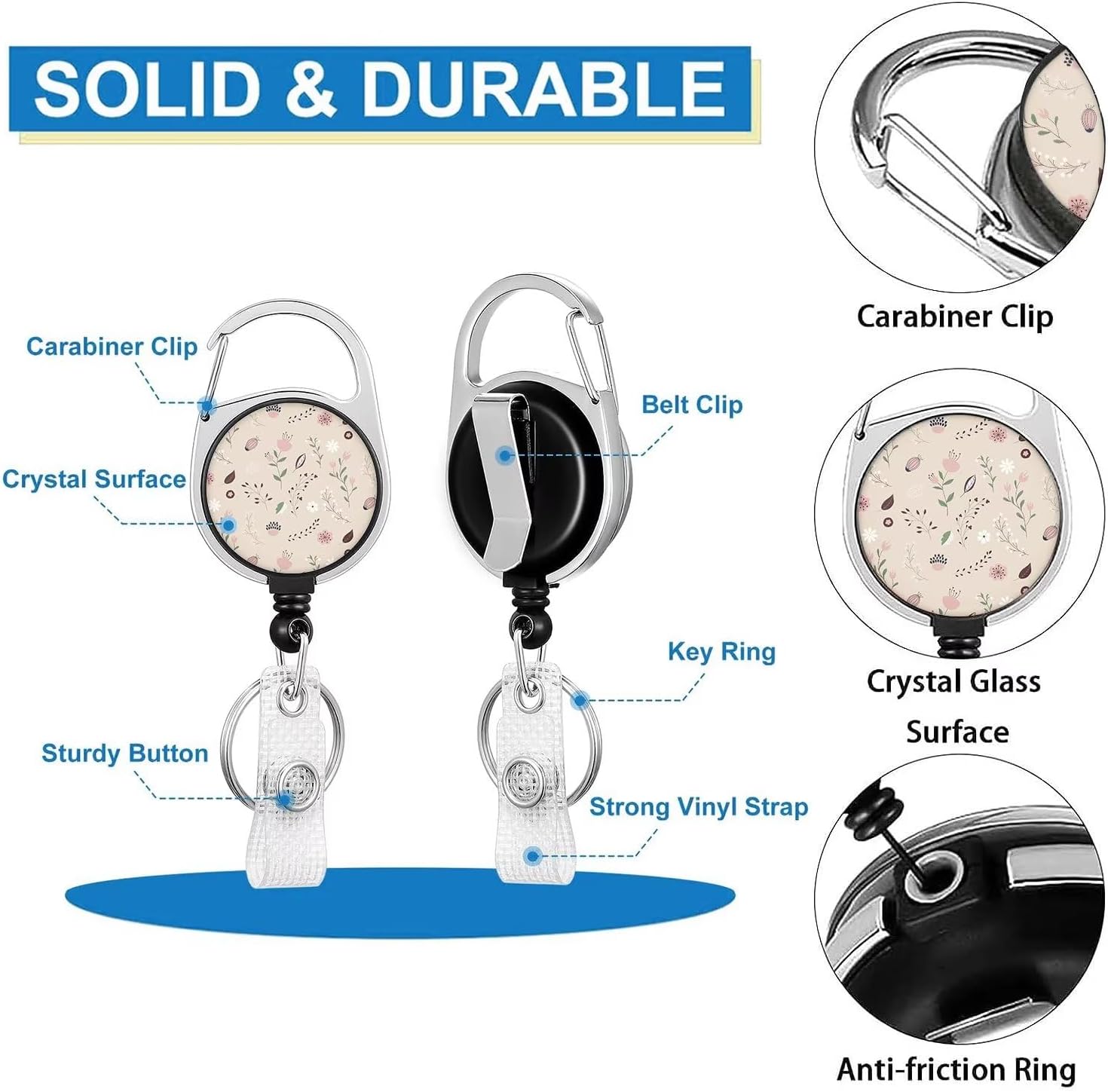 Cute Lanyards for ID Badges,Floral Badge Holder with Retractable Badge Reel Carabiner Clip and Breakaway Lanyard Strap Hard Vertical Card Protector for Women Nurse Teacher Student - Image 6