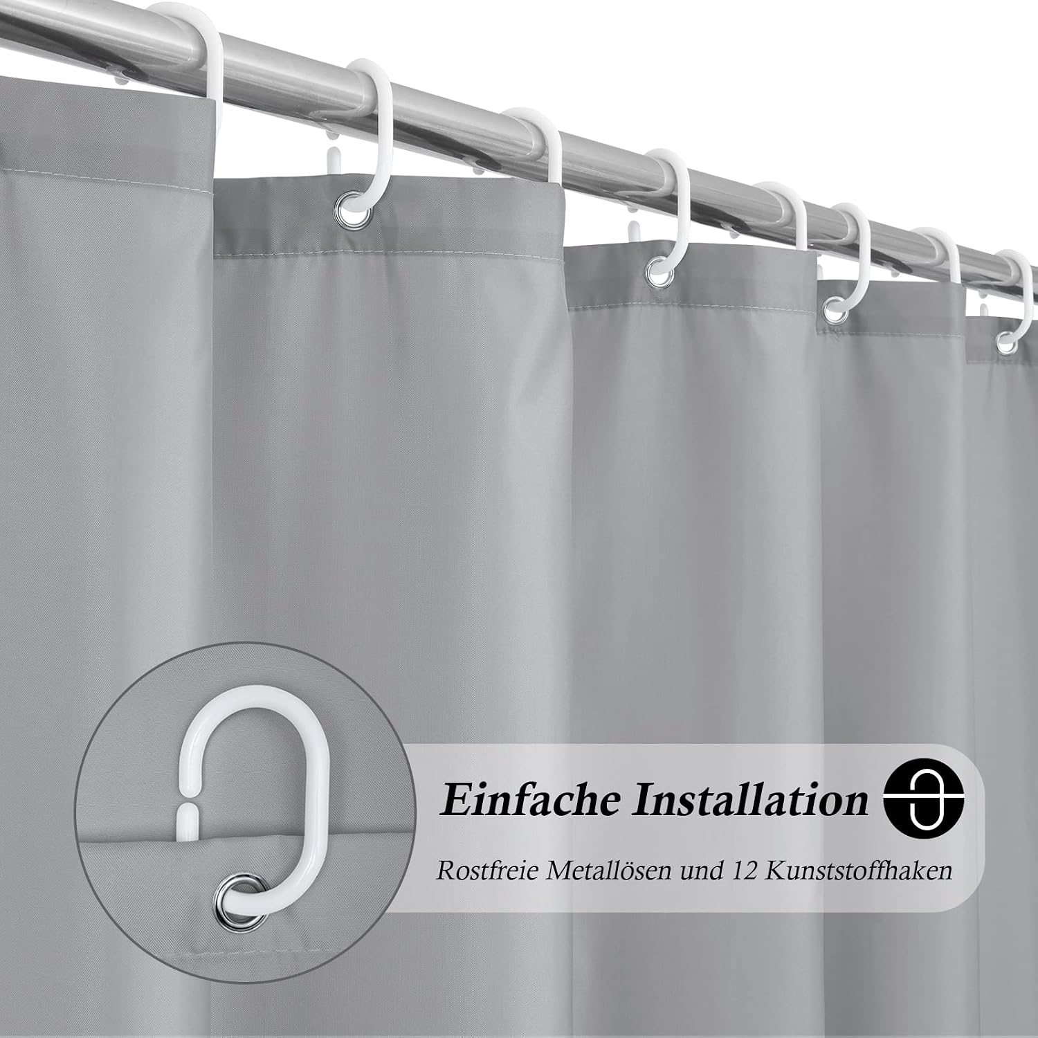 EurCross Shower Curtain, 180 x 160 cm, Grey Waterproof Fabric Shower Curtains for Bathroom, Bathtub, Anti-Mould, Washable Bathroom Curtain with 12 Rings – Bild 2