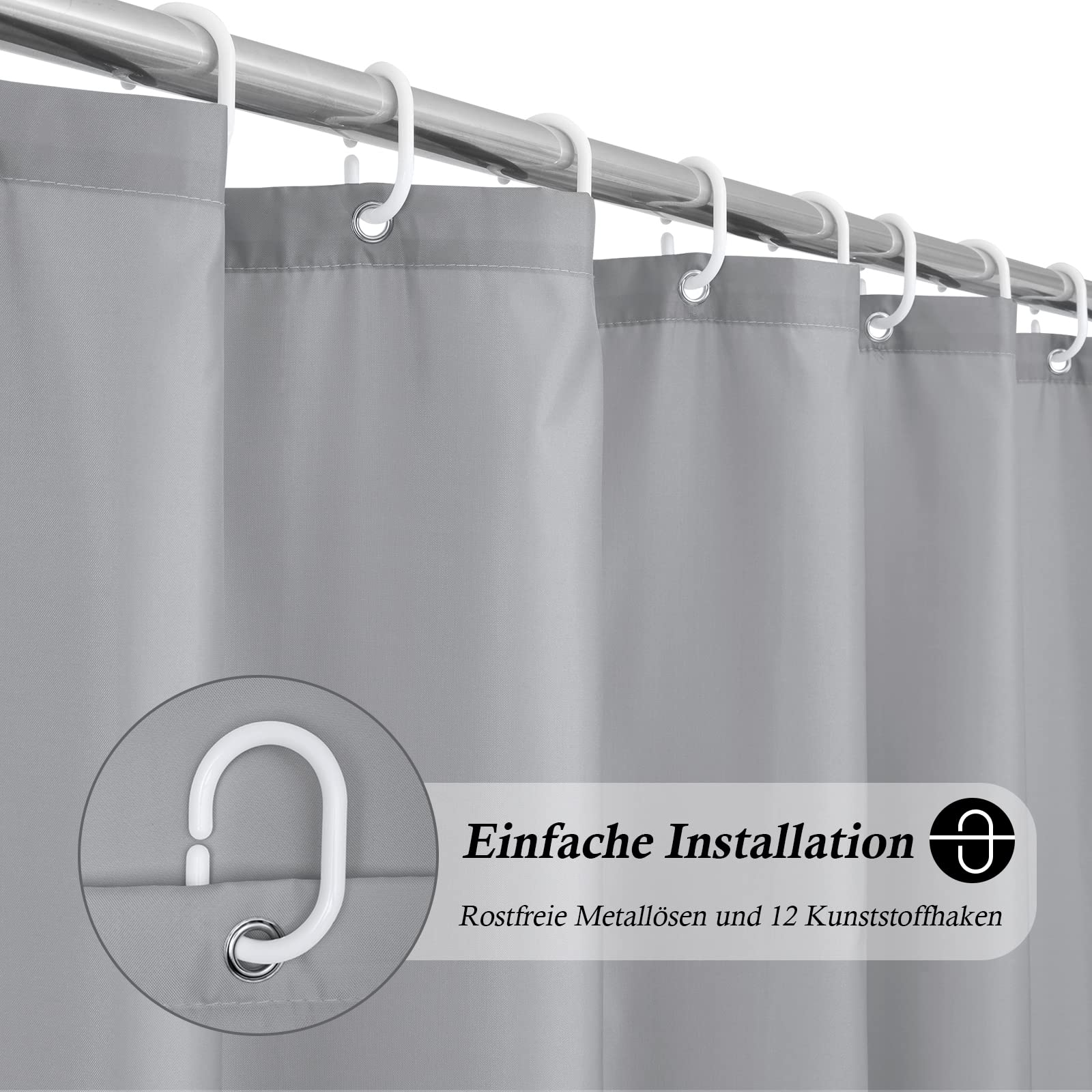 EurCross Cortina de ducha de 180 x 180 cm, tela gris, antimoho, de poliéster, resistente al agua y de secado rápido, lavable con 12 anillas