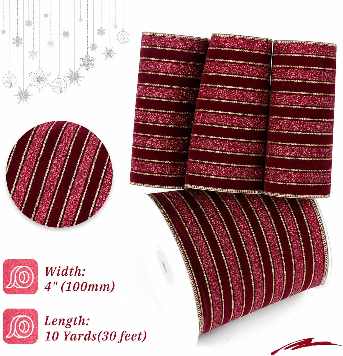4 Inch Burgundy Velvet Wired Ribbon, 10 Yards, Gold Stripes