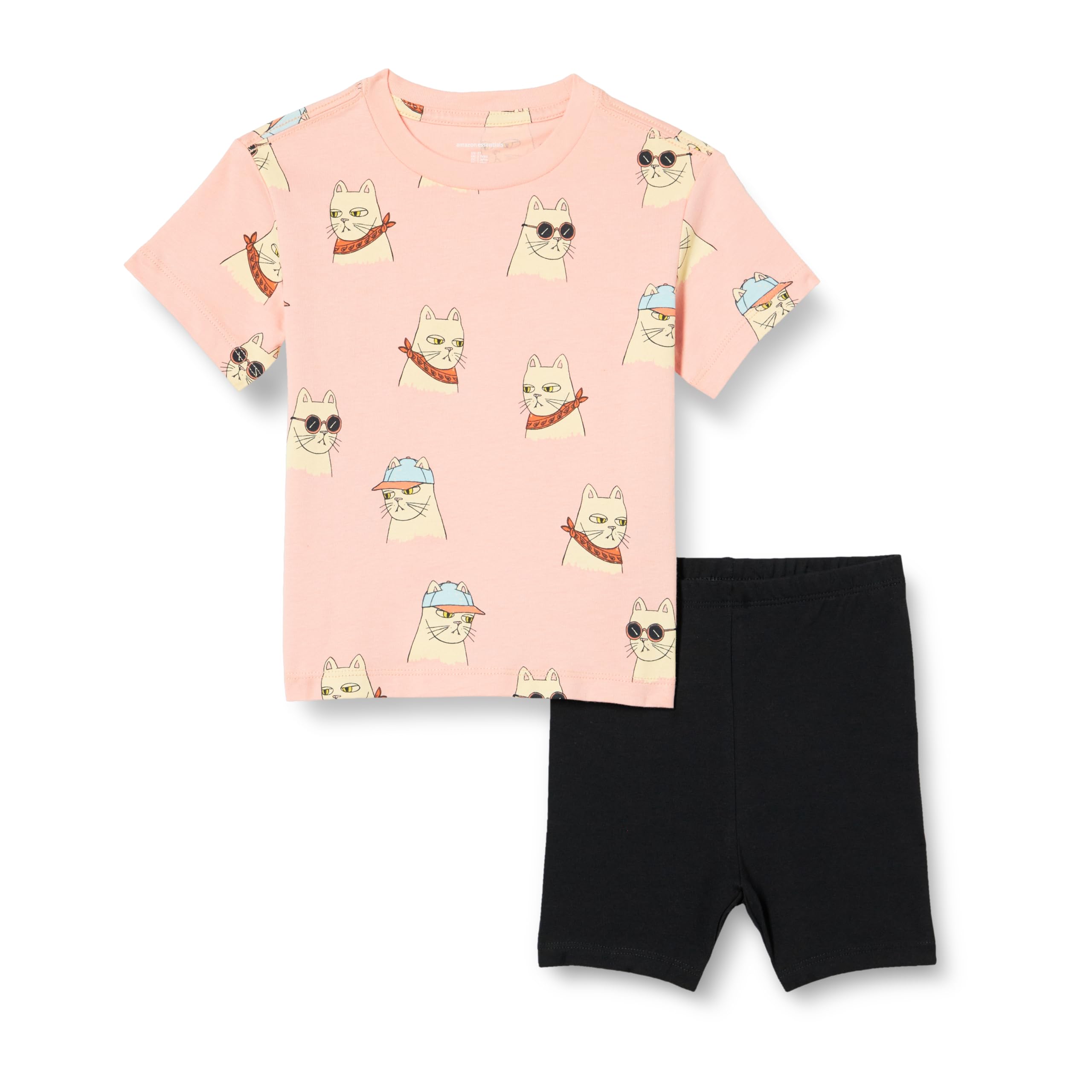 Amazon Essentials Girls' Girls and Toddlers T-Shirt and Bike Short Set, Black/Cool Cats, X-Small