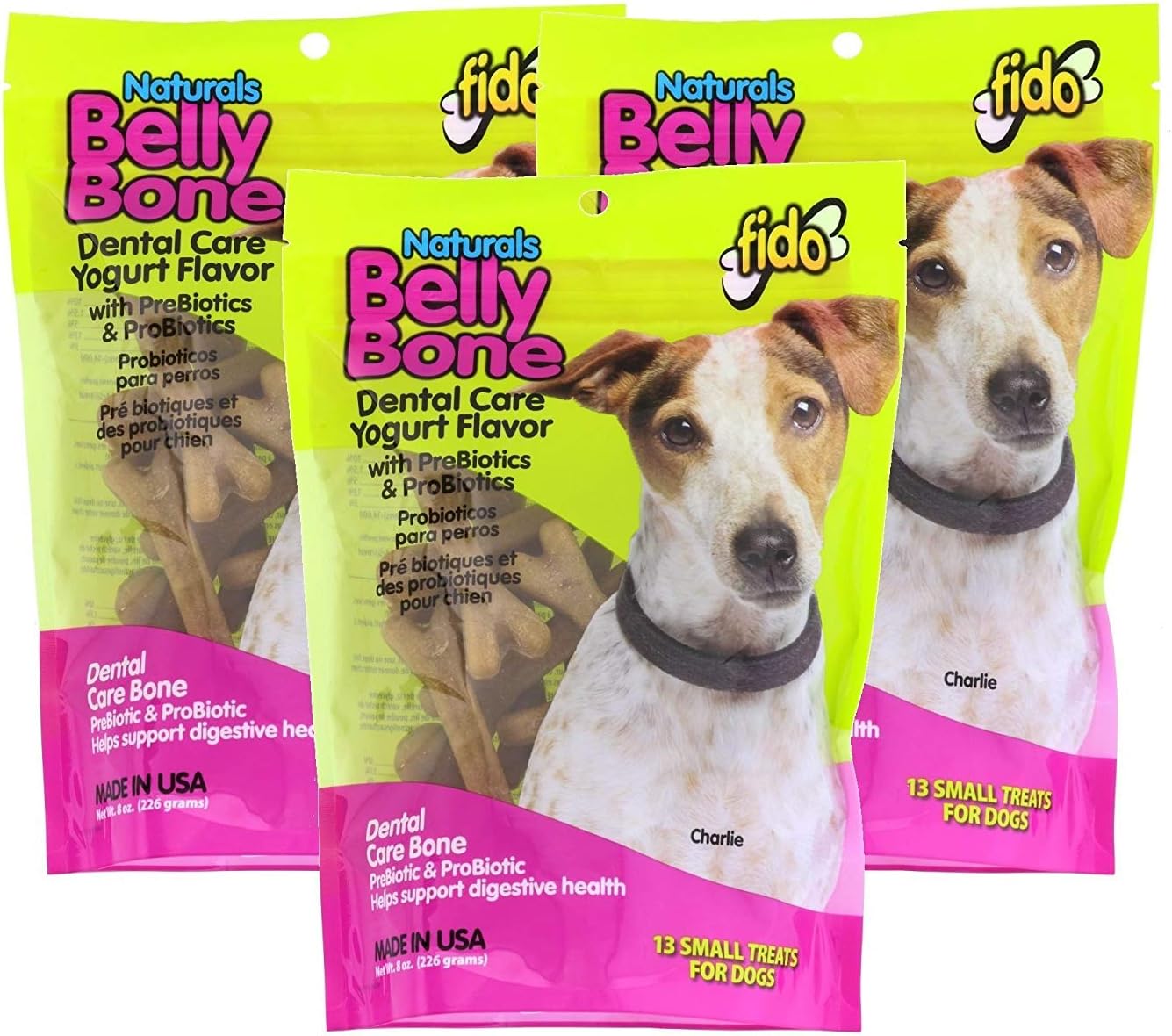 Fido 3 Pack of Natural Belly Bone Dental Care Dog Treats, Small Size Treats, Yogurt Flavor with PreBiotics and ProBiotics