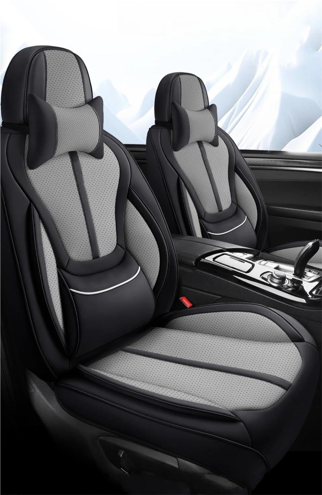 Set coprisedili per auto Set Coprisedili Per Auto In Pelle PU Con Supporto Lombare Integrato +2 Copripoggiatesta +1 Coprivolante Comodo Coprisedili Auto(Black Gray)