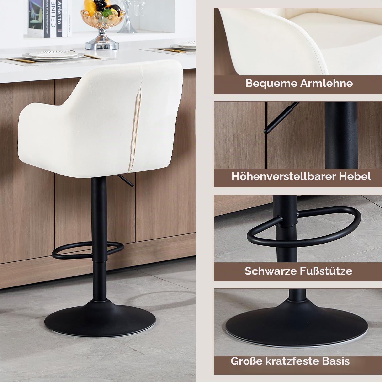 Moderne Barhocker 4er Set, Thekenhoher Samt Barhocker mit Armlehnen Höhenverstellbarer Barstuhl für Kücheninsel Heimkino Esszimmer, Creme