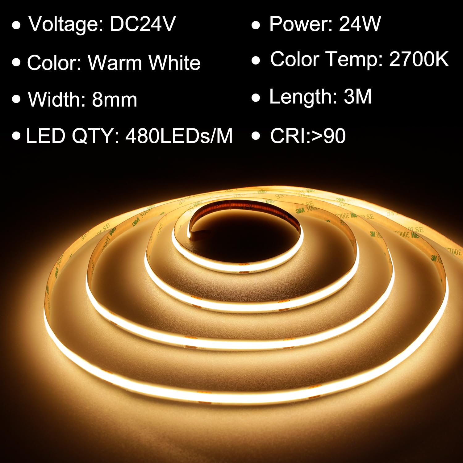 TTWAY Striscia LED COB 3M, LED Striscia 2700K con Alimentatore e Telecomando, DC24V, 480LEDs/M, CRI 90+, larghezza 8mm, Striscia LED 3 metri Bianco Caldo per la Decorazione della Camera da Letto