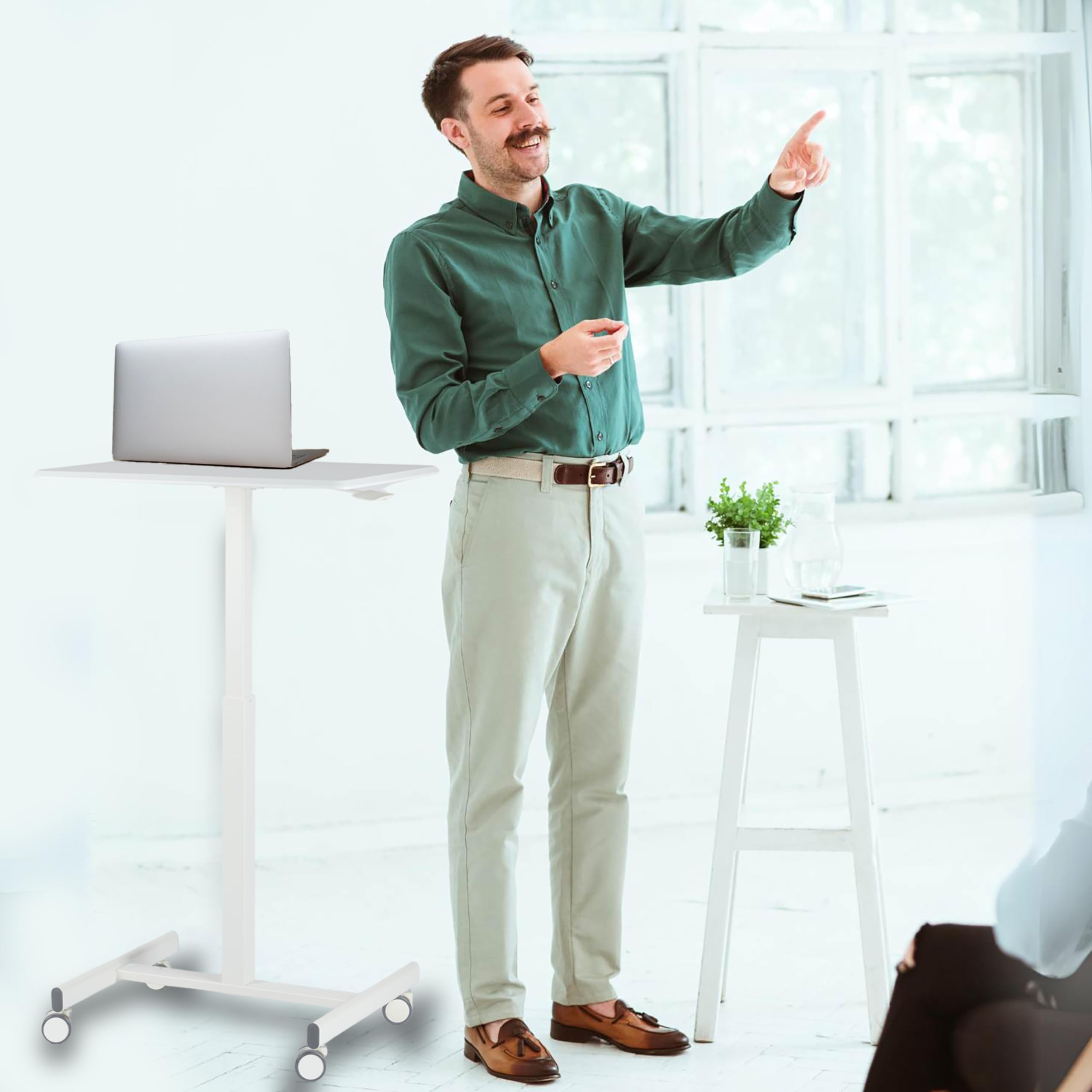 NEWBULIG Mobile Laptop Standing Desk Adjustable Height Desk Stand Up Desk Small Rolling Sit Stand Desk with Wheels for Home Office, White