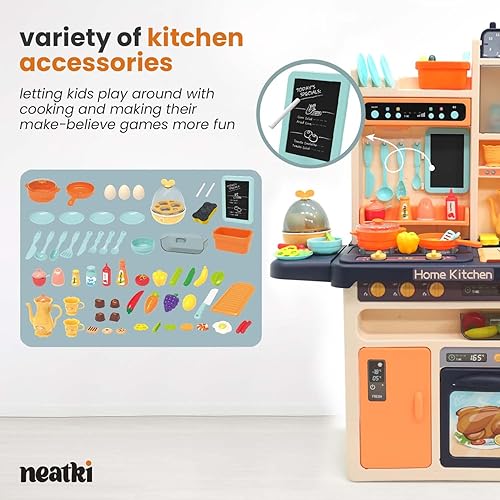 Miniatura 3 de Juego de cocina de lujo para niños, juego de cocina de juguete de 65 piezas con grifo funcional, efectos de vapor realistas, luces y sonidos, y una