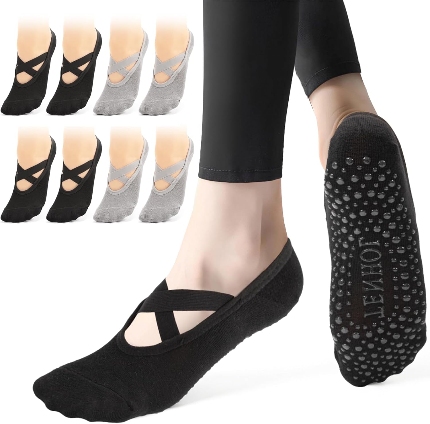Cuatro pares de calcetines antideslizantes para Pilates de colores negros y grises