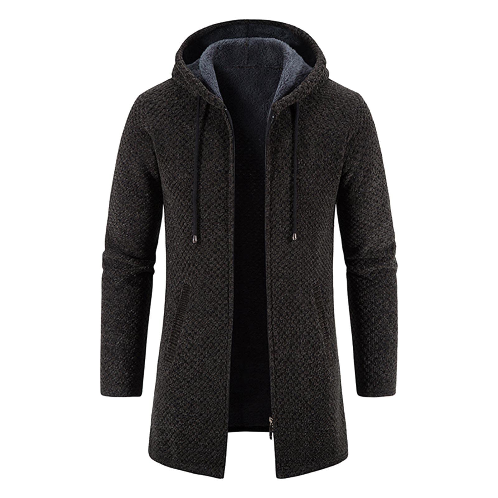 Cardigan da Uomo Lungo Lavorato con Cappuccio e Zip a Maglia con Cerniera Intera Spesso Caldo Maglione Invernale Foderato in Pile