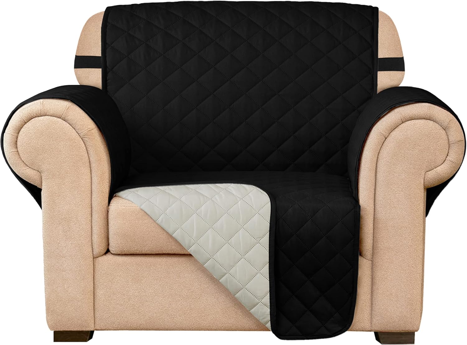 SUBRTEX Chair Cover Reversible Sofa Couch Slipcover Quilted Furniture Protector with Elastic Straps Washable Armchair for Living Room for Kids Pets (Chair, Black)