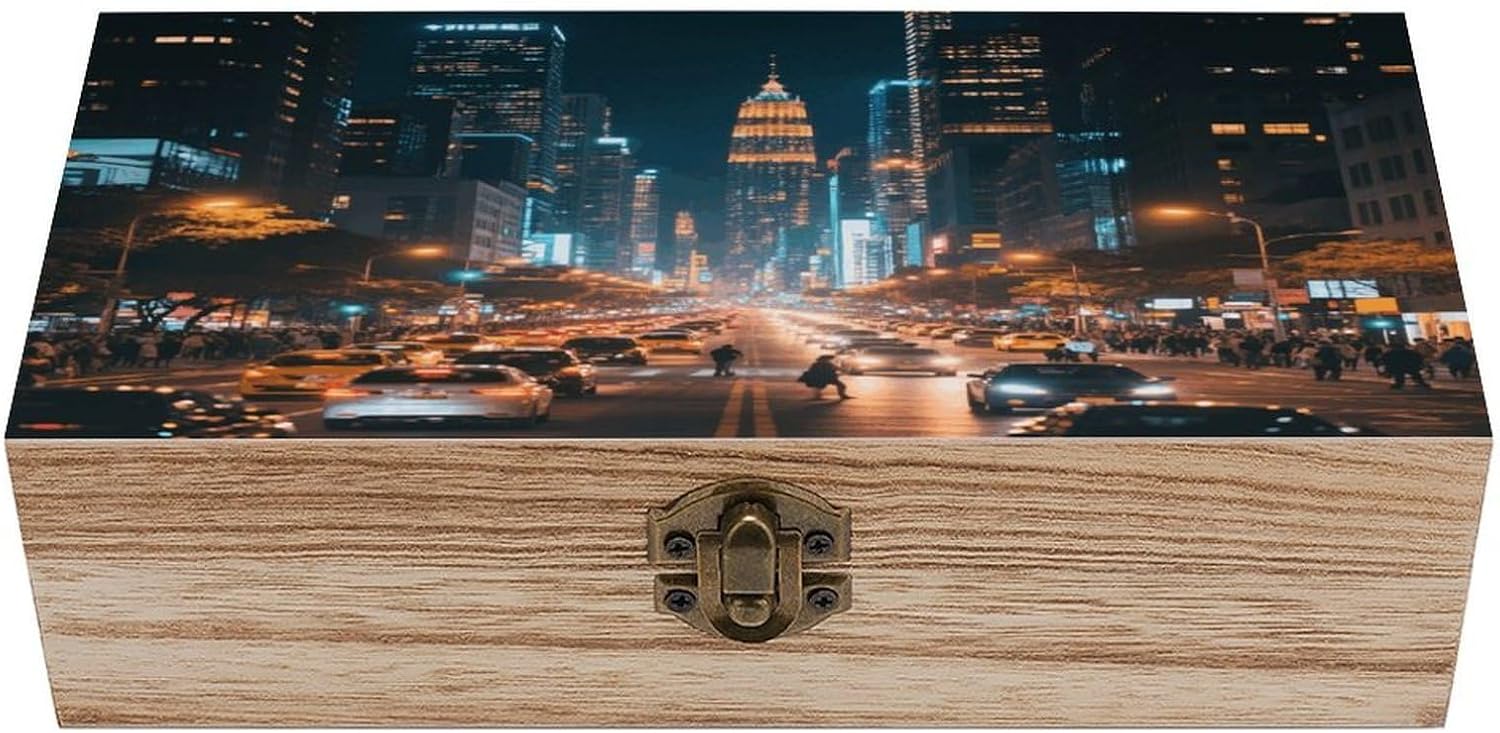 City Nightscape Wooden Storage Box Decorative Jewelry Case with Lids Exquisite Wood Box Letters Gifts Acacia Wood Boxes Fashion Wooden Keepsake Boxes for Men Women