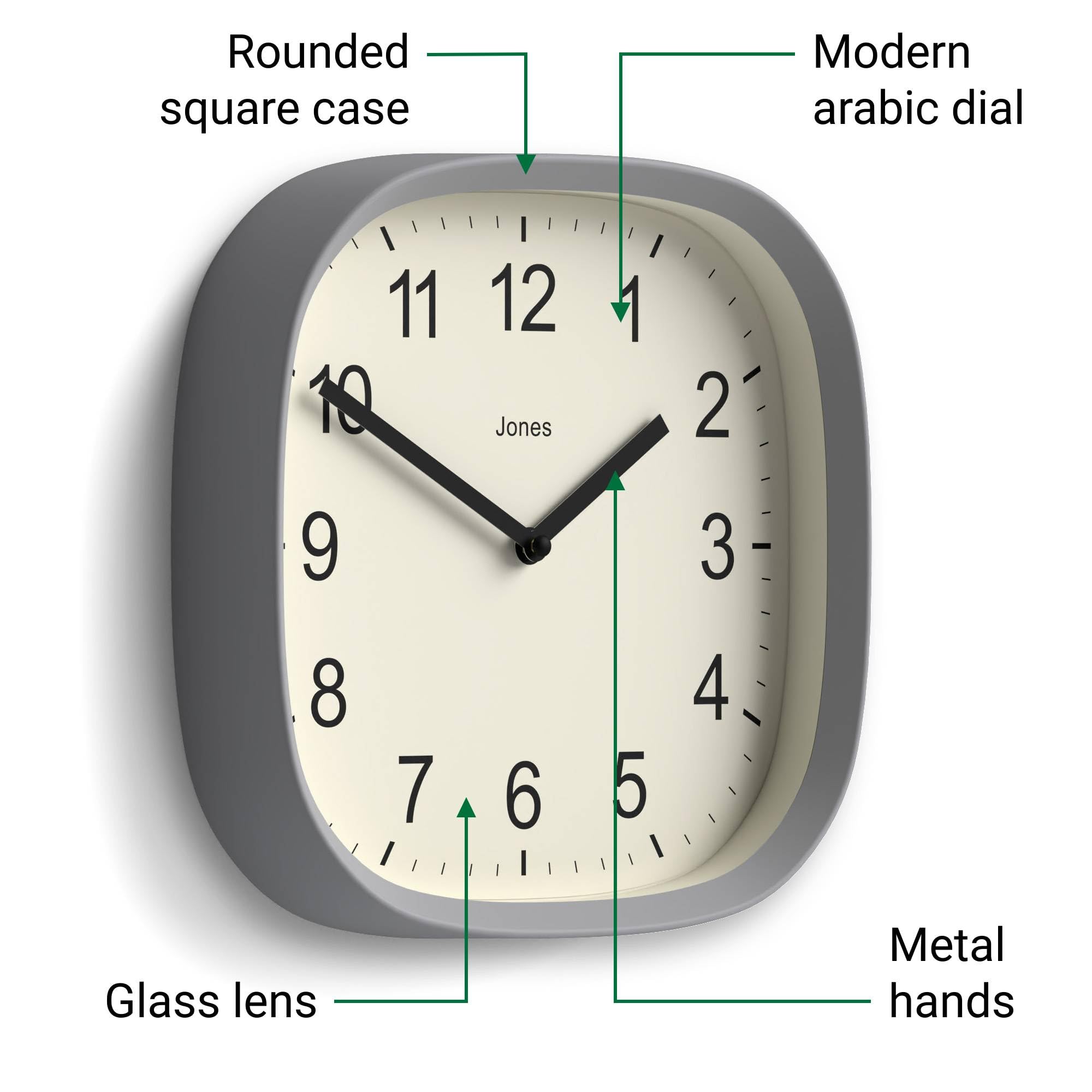 JONES CLOCKS® Sprite Wall Clock | Modern Retro Rounded Square Clock | 10 inch | Mustard Yellow | Easy to Read Numbers | Perfect for Kitchen or Office