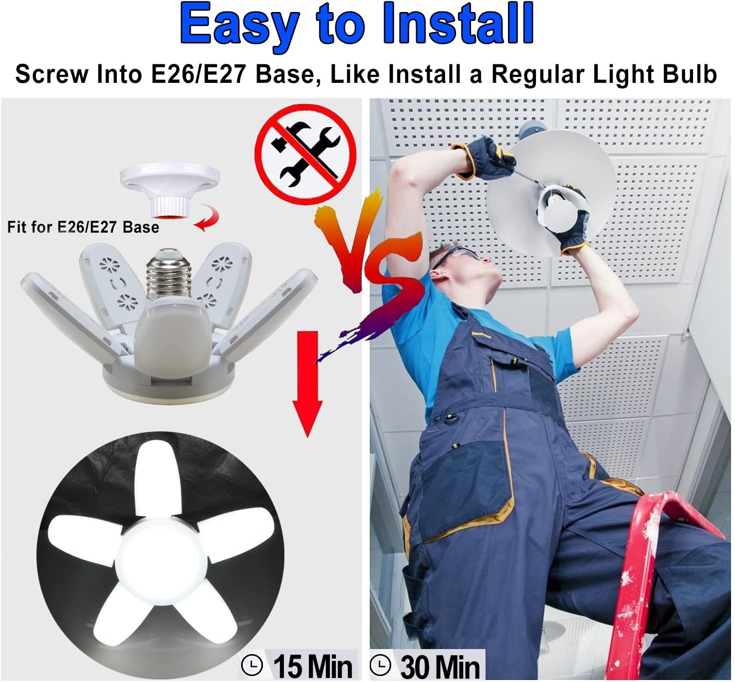 2Pack LED Garage Light Bulb, Mini 60W LED Garage Ceiling Lights 5 Adjustable Panels,6000Lumen Garage LED Light Bulb,E26 6500K Daylight LED Shop Lights for Garage,Kitchen,Indoor,Living Room,Attic Light