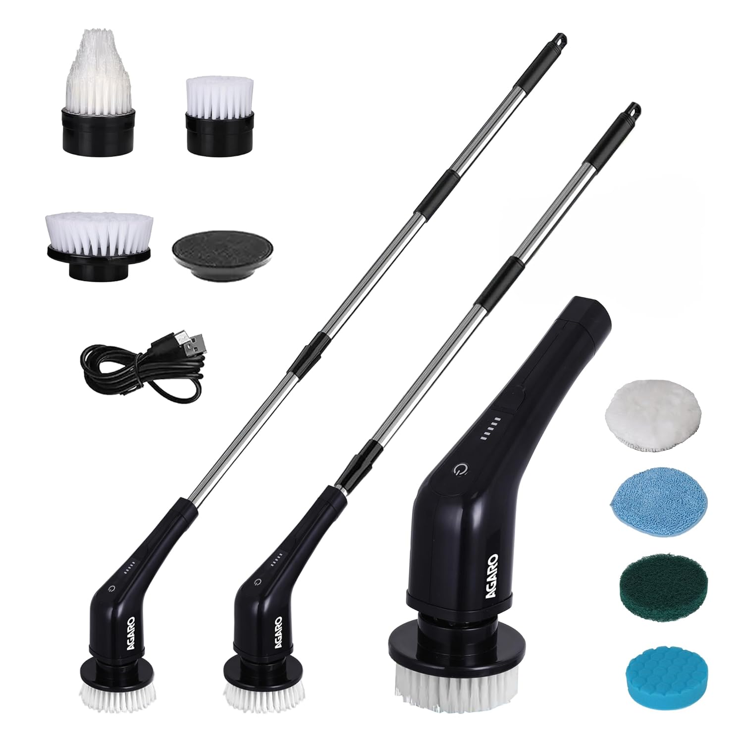 All components of the AGARO Royal Electric Spin Scrubber including main unit, extension rod, various brush heads, and charging cable.