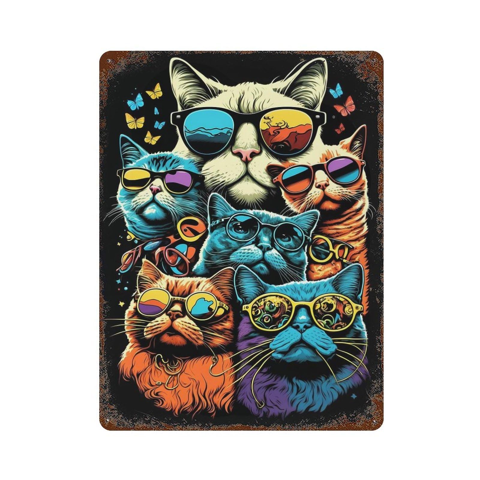 Distressed Metal Wall Sign with The Cats Wear Glasses Design 15.7"x11.8", for Office, Studio And Wall Decor, Industrial Home Decor