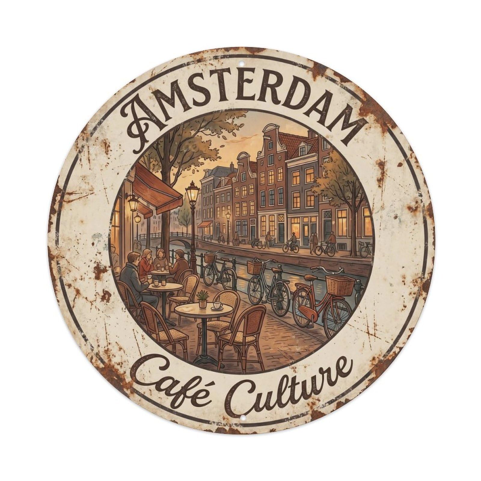 Vintage Travel Amsterdam Cafe Terrace Metal Tin Sign Plaque Wall Decor for Cafe, Club, Garden Round Metal Poster 8x8Inch