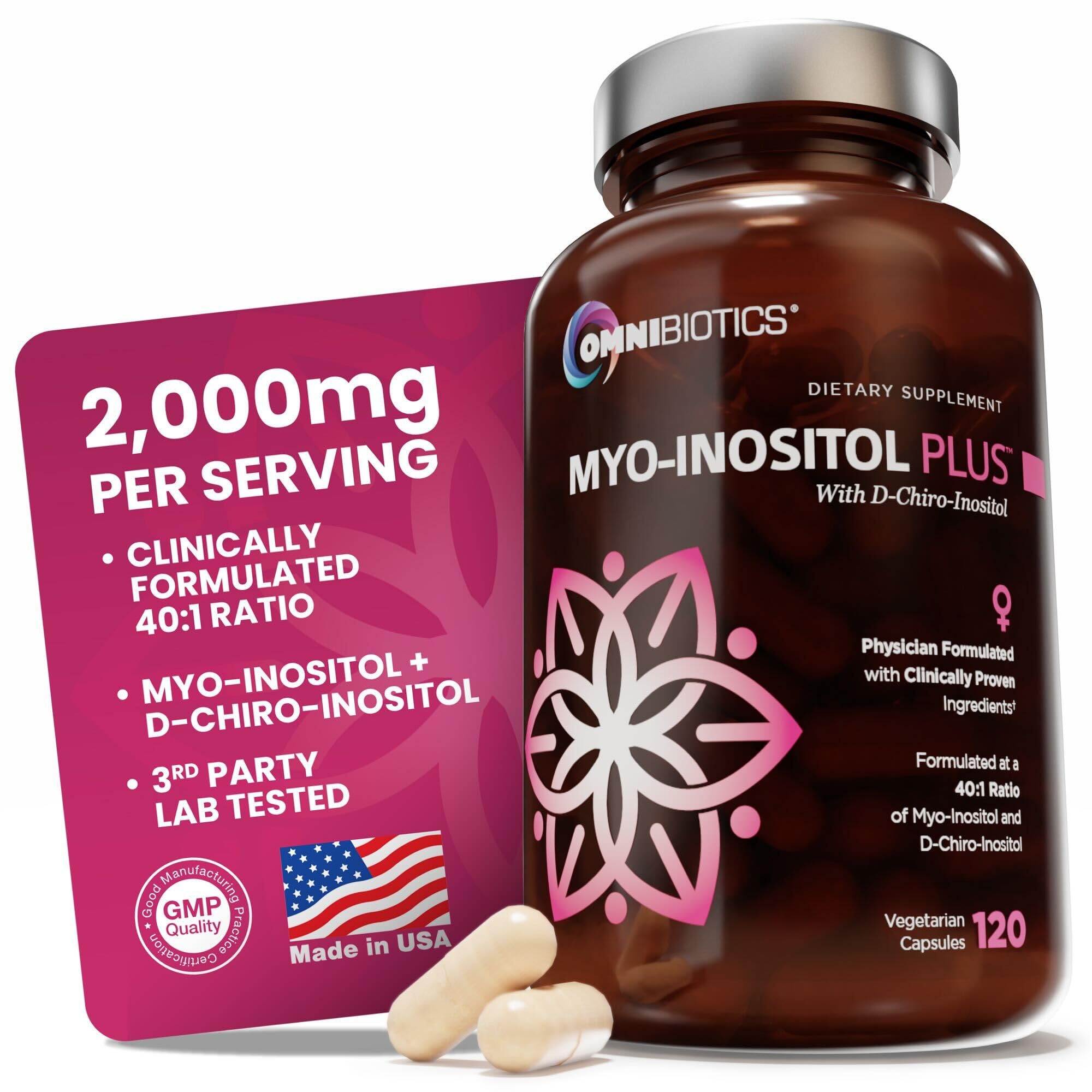 OmniBiotics Myo-Inositol & D-Chiro Inositol Supplement with 40:1 Ratio for Hormone Balance for Women - Women Supplement to Support Reproductive Health & Ovarian Function. Non-GMO - 120 Vegan Capsules