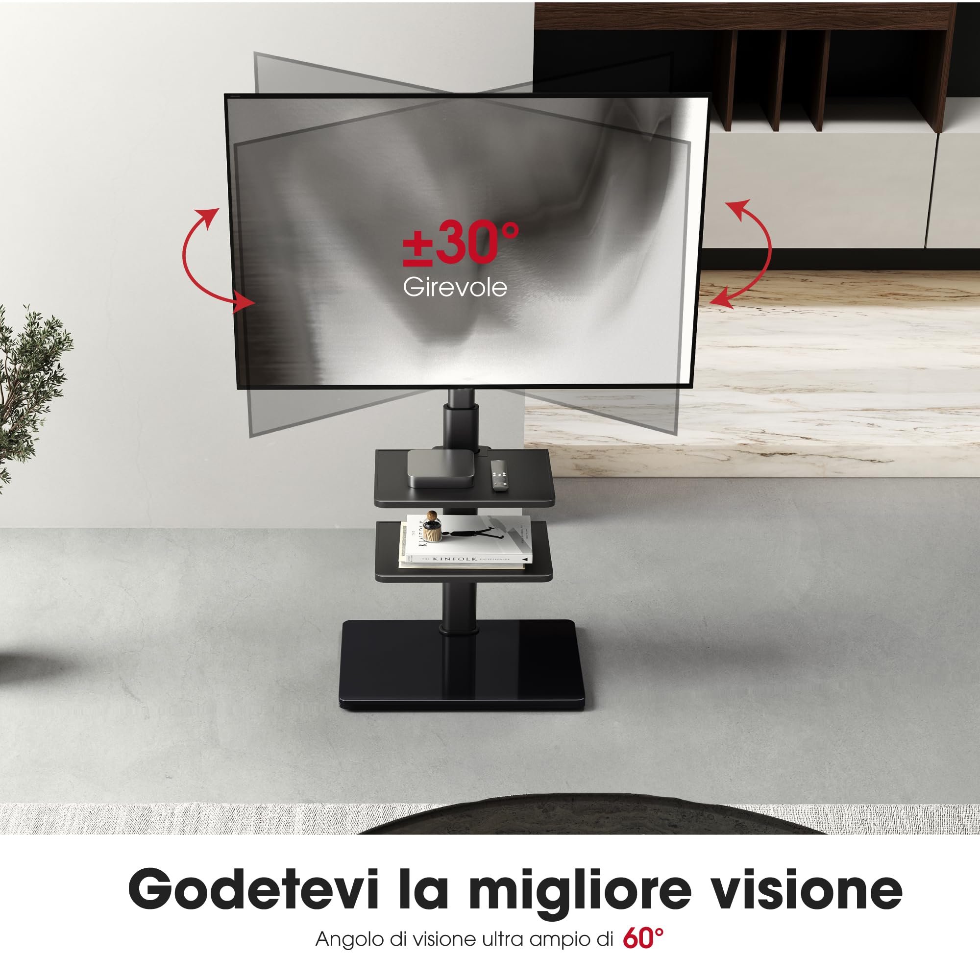 AOKCOS Supporto TV da Pavimento Inclinabile per 32-70 Pollici, Girevole Altezza Regolazione Porta TV da Terra con 2 Mensola, Max VESA 400x400mm 40kg
