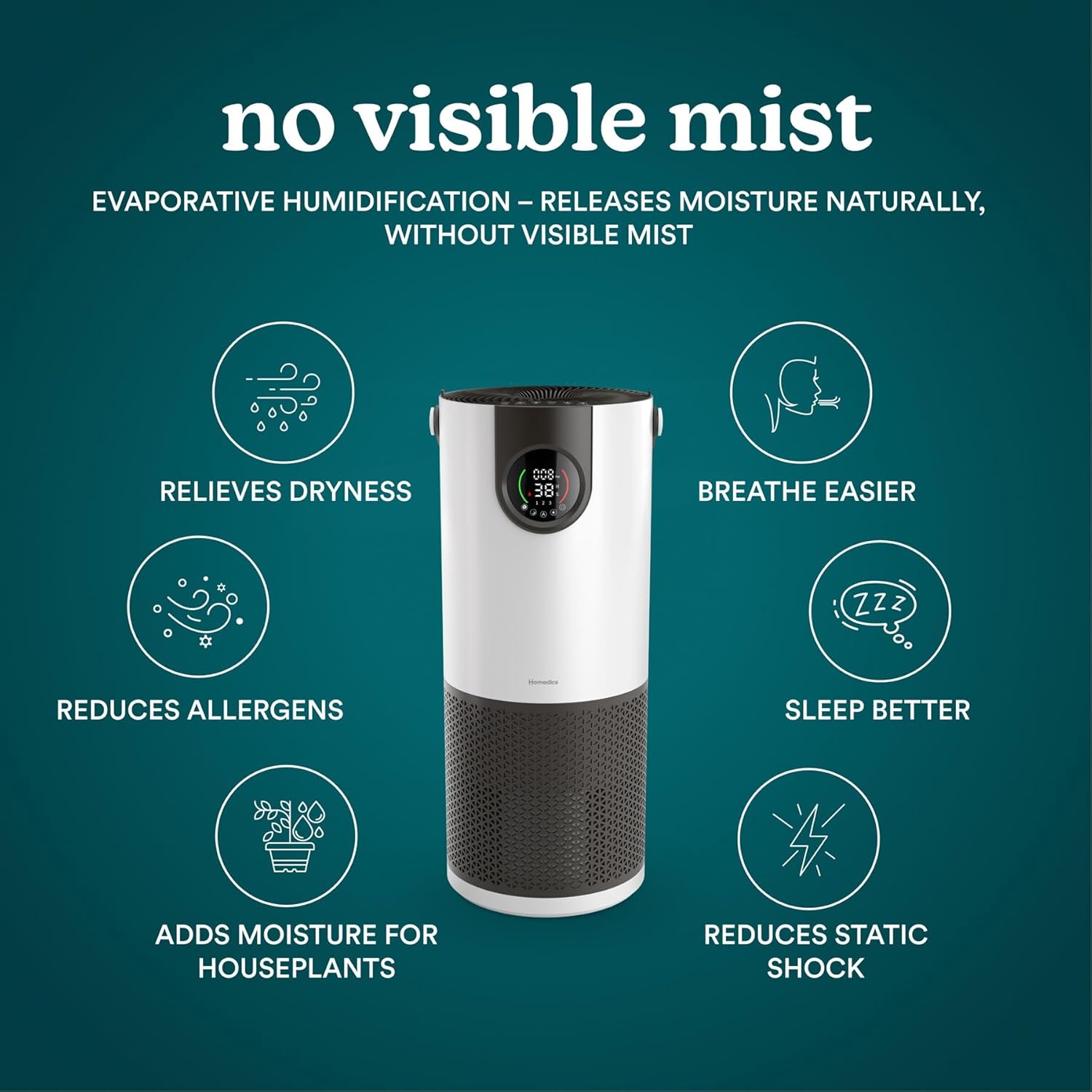 Homedics 2-in-1 Air Purifier & Evaporative Humidifier for Large Rooms HEPA Air Cleaner, Filtered Humidification, Digital Air Quality Sensor, Auto Mode, Tower Design for Home, No Visible Mist