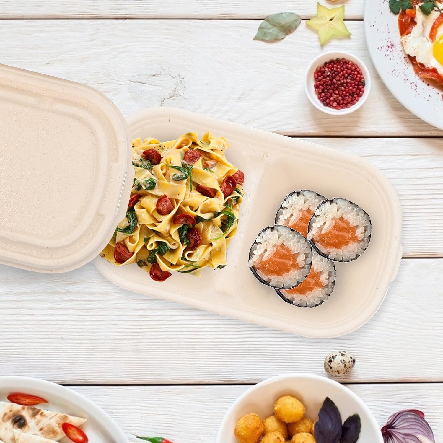 10pcs 700ml Biodegradable Paper Lunch Boxes with Dual Compartments and Lids Disposable Salad Take-out Containers for Light Meals and Food Packing