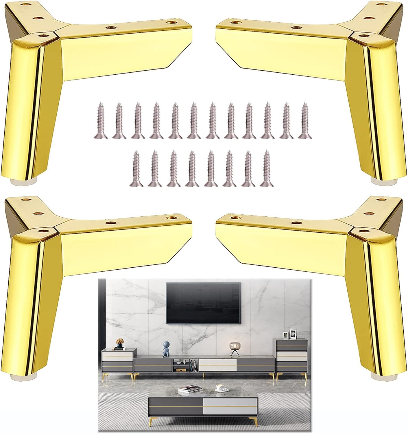 Furniture Legs 4 Pcs Furniture Table Legs,Cabinet Legs,Sofa Legs,Coffee Table Legs,Desk Legs,Metal Triangle Furniture Feet Replacement Legs,for Kitchen/Bathroom,with Screws,Gold-10c