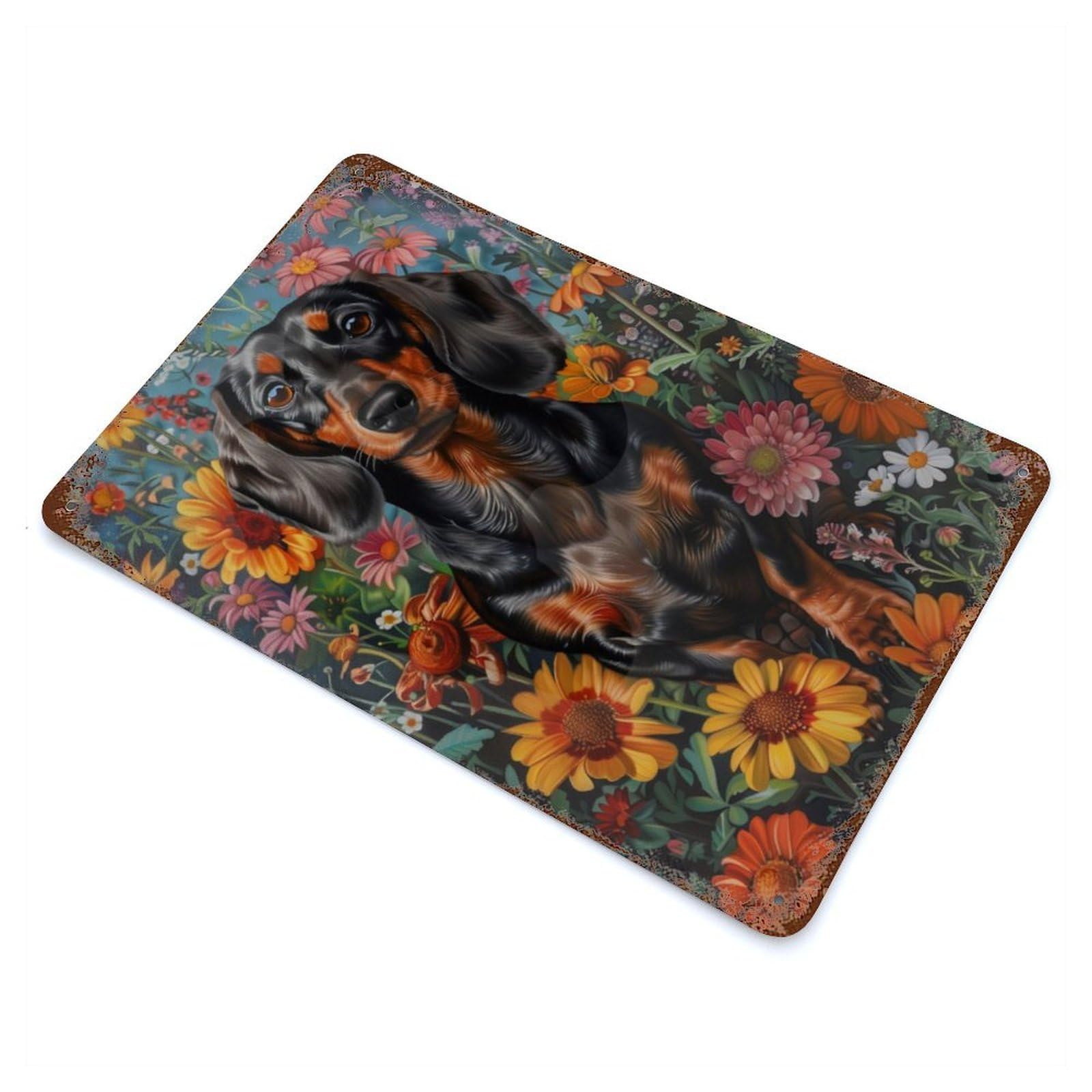 Rust Effect Floral Dachshund Portrait Distressed Metal Wall Sign 11.8"x7.9", Farmhouse Wall Decor for Office, Studio And Wall Decor