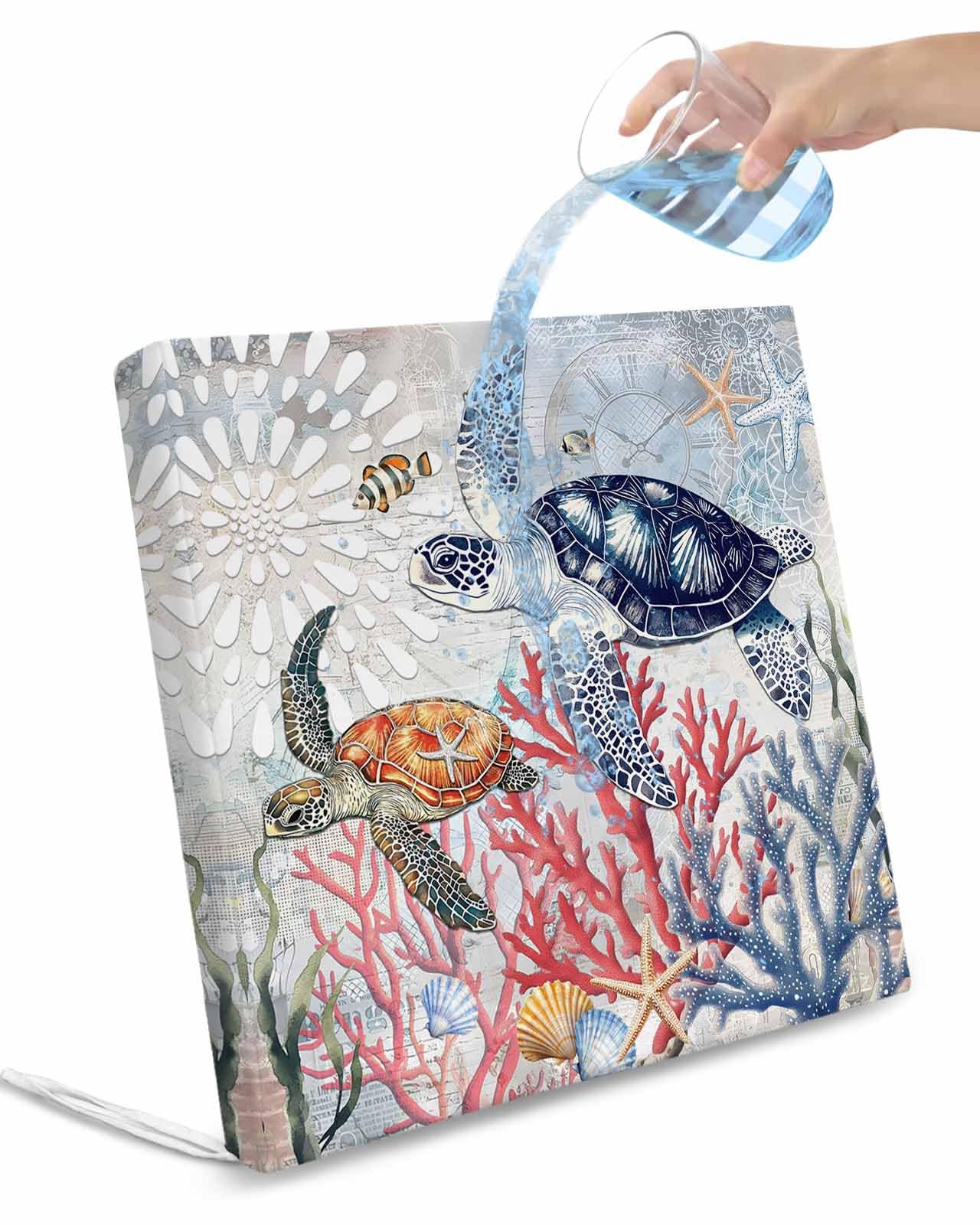 Blue Sea Turtle Coastal Outdoor Cushion Chair Cover Set of 4 - Waterproof Couch Seat Covers, Vintage Summer Beach Coral Shell Patio Furniture Protector Cushions Slipcovers for Sofa/RV, 22