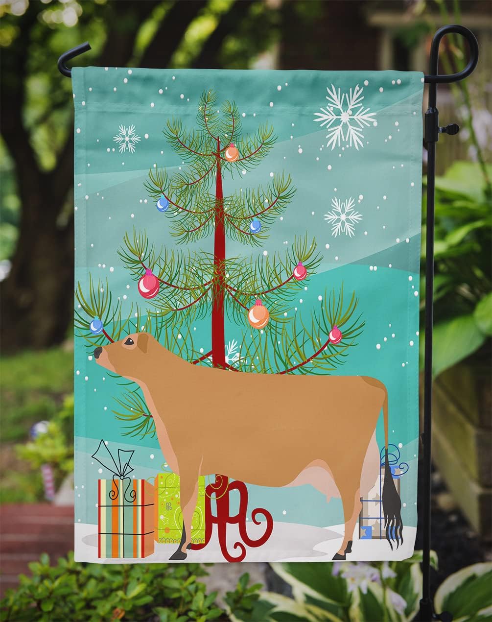 Caroline's Treasures BB9196GF Jersey Cow Christmas Garden Flag, Teal Mailbox Flag Decorative Yard Flag Banner Outside Patio Artwork Yard Flower Beds, Garden Size, Multicolor