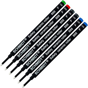 Schmidt 888 Safety Ceramic Rollerball Refill - Black, Blue, Green, Red Ink Fine Tip 0.6mm - Pack of 6