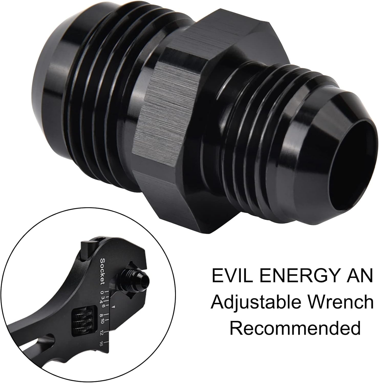 EVIL ENERGY 10AN to 12AN Male Coupler Union Bundle with Adjustable 3AN-12AN Wrench Aluminum Black