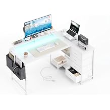 CAIYUN Corner Desk with 4 Fabric Drawers 120 x 90 cm Desk L Shape Reversible with USB Charging Port and Socket L Shaped Desk with Monitor Shelf for Home Office White