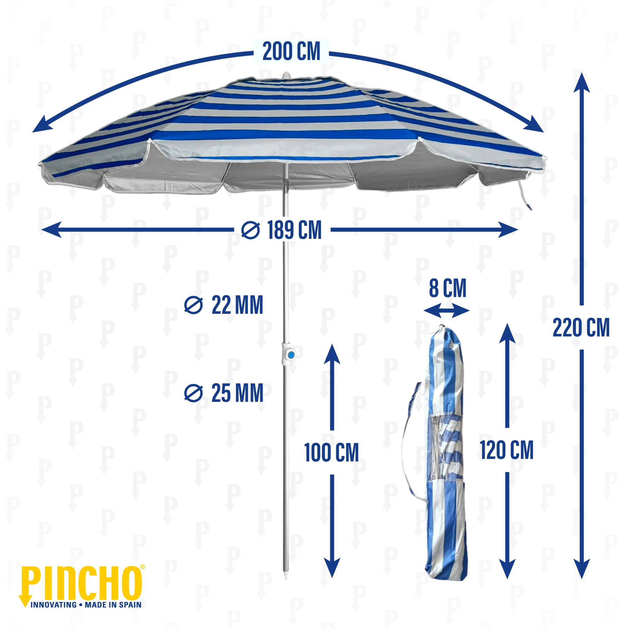 Pincho Sombrilla Playa Grande Familiar 200 cm, Sombrilla Playa Anti Viento UV50 Inclinable con Ventana, Soporte Anclaje y Bolsa Transporte, Tubo Acero Oxford, 8 Varillas Flexibles Fibra Vidrio