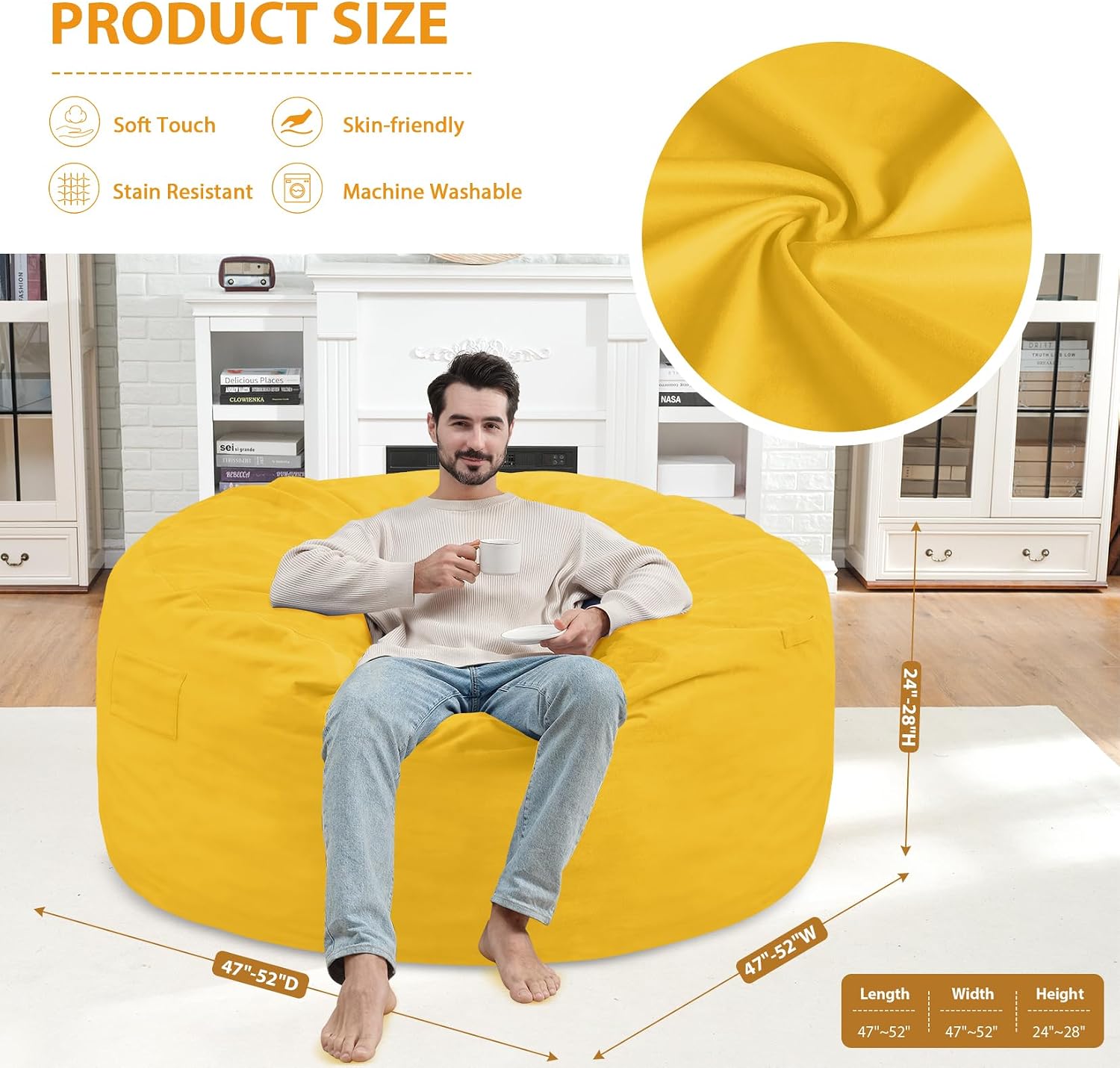 5FT Bean Bag Chair, Large Bean Bag Chairs with Memory Foam Filled, Fluffy Beanbag Sofa with Dutch Velvet Cover, Round BeanBag Chairs for Living Room, Playroom - Lemon