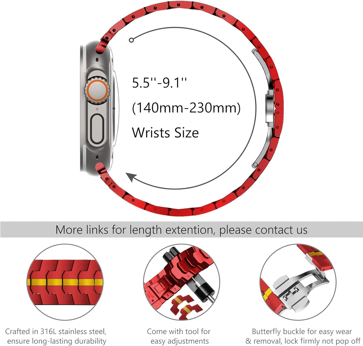 WINGLE Stainless Steel Bands for Apple Watch Band Ultra 3/2/1 Band Ultra 49mm Series 11 10 46mm 45mm 44mm 42mm SE 3/2/1 Series 9 8 7 6 5 4 3 2 Men, Classy Business Rugged Metal iWatch Bands, Red/Gold - Image 5