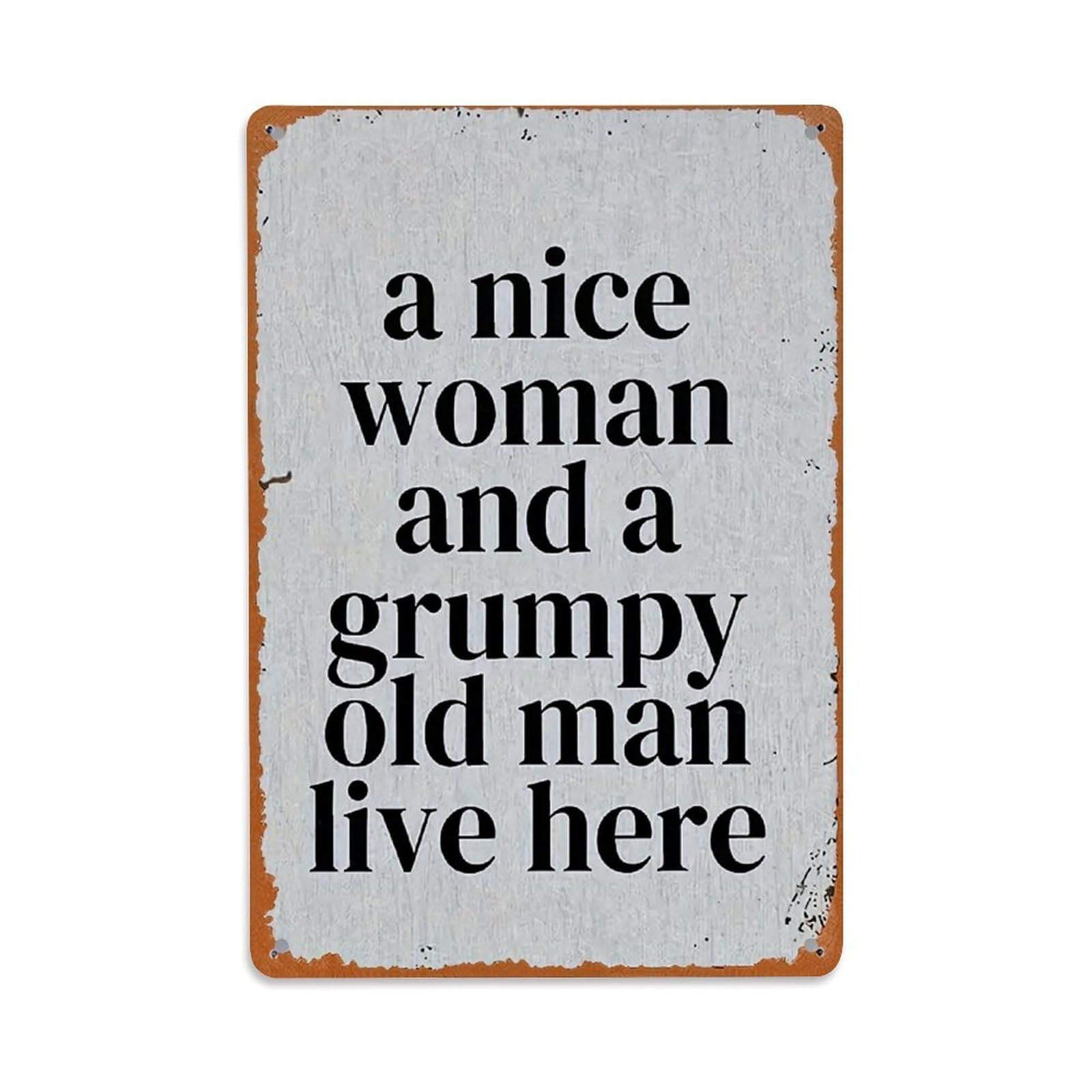 Jdfenggu Vintage A Nice Woman And Grumpy Old Man Live Here Sign Retro Metal Tin Sign, Metal Poster For Bar, Home, Man Cave, Kitchen, Laundry Room Art Decor 8X12 Inch