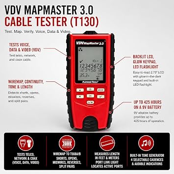 Platinum Tools T130 VDV MapMaster 3.0 Cable Tester, Wiremap Continuity Tone and Length for Cat5e Cat6 Cat6A Voice and Coax, Maps up to 20 Locations, Backlit Display