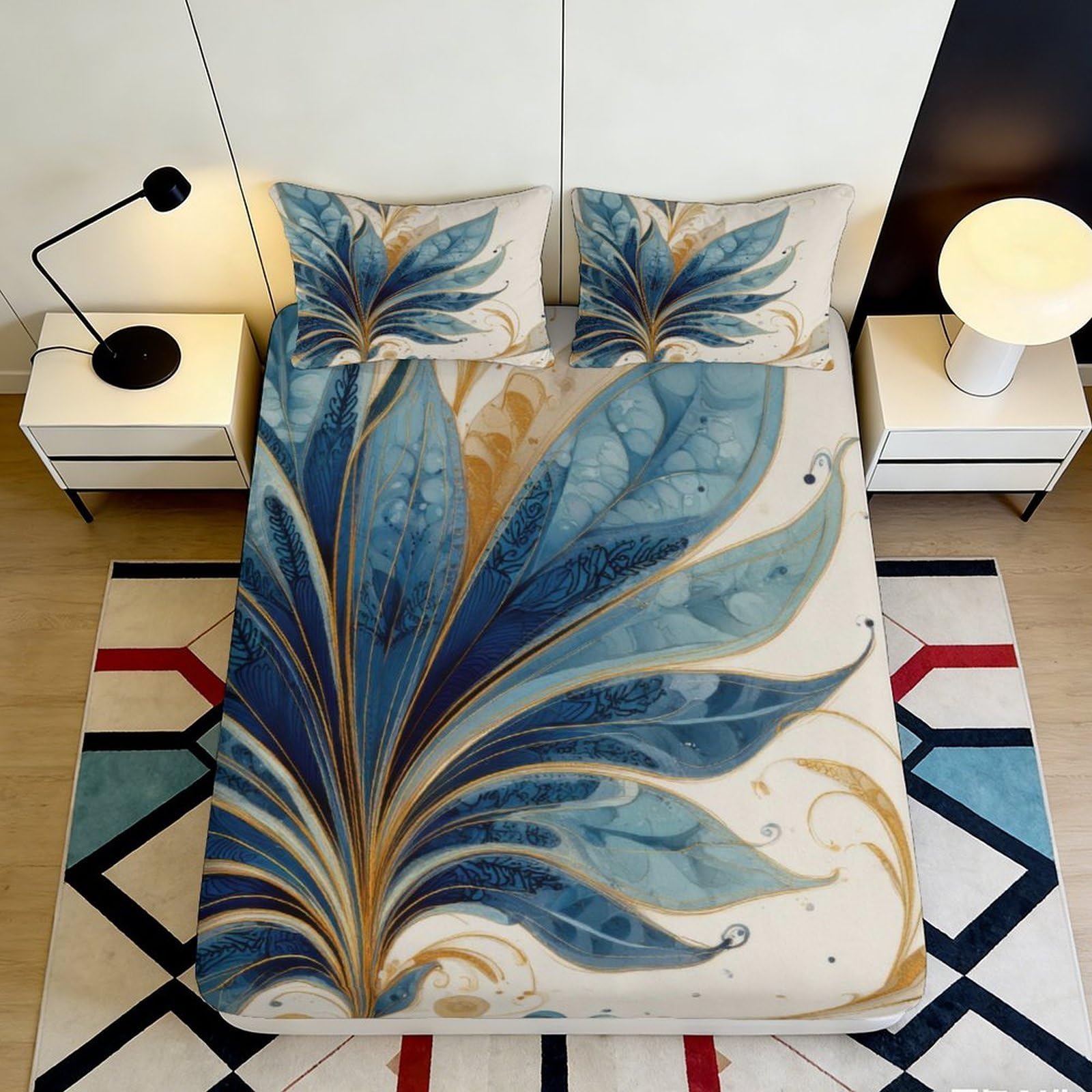 3D Printed Blue Leaf Fitted Sheet Microfiber Soft Breathable Gold Botanical Bed Sheet for Bedroom Guest Room Decor 90x200x25cm