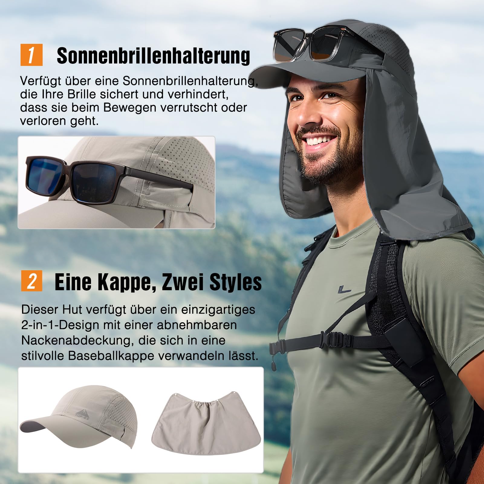 TOP-EX XL/XXL męska czapka bejsbolowa ze zdejmowaną klapką na kark, ochrona przed promieniowaniem UV, damska czapka przeciwsłoneczna, składana czapka na lato, safari, wędrówki, czapka outdoorowa