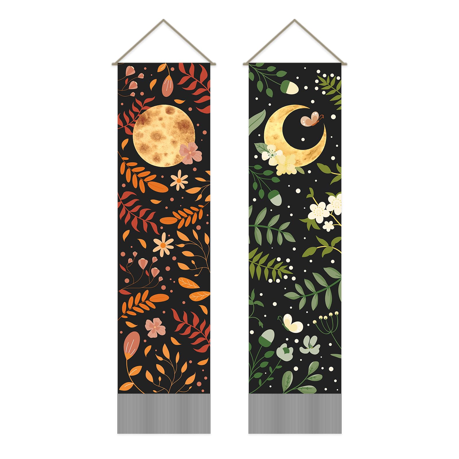 AHANDMAKER 2 Pcs Green Sun and Moon Psychedelic Tapestry, 51.18x12.99 inch, Living Room and Bedroom Wall Art Display