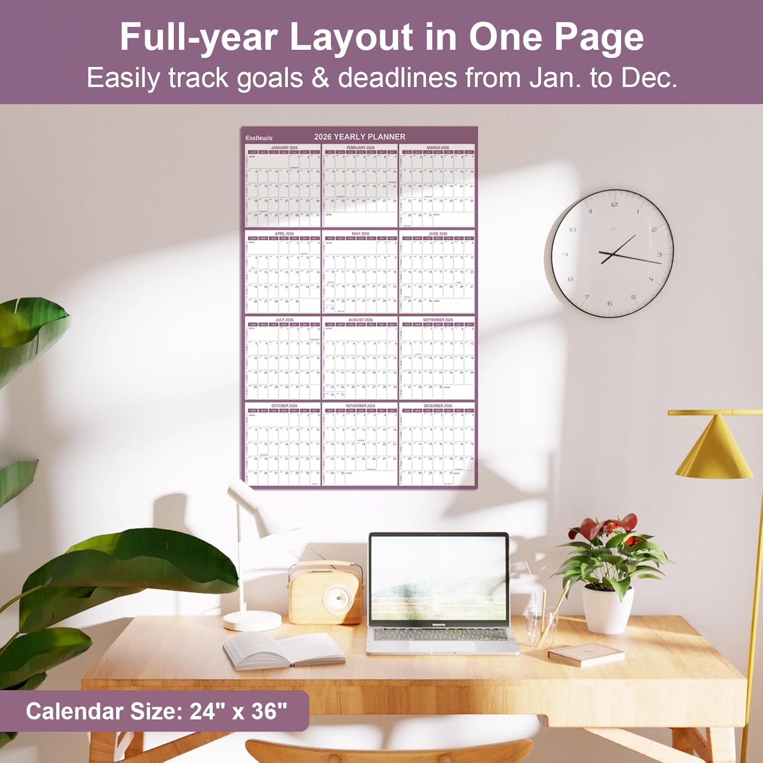 2026 Wall Calendar 24" x 36" with Week Numbers, 12 Months from January to December, Dry Erase Large Annual Yearly Planner, Horizontal/Vertical Large Calendar for Easy Planning, Organizing (rosy mauve)