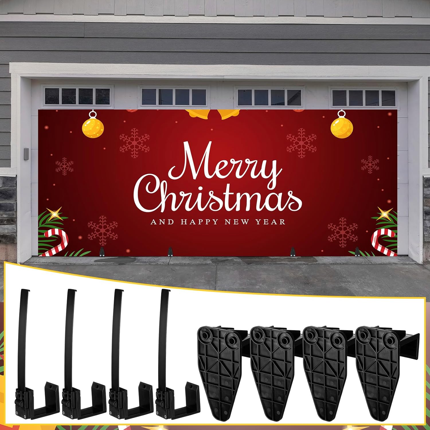 4 Pcs Christmas Garage Door Banner Clamps Garage Door Backdrop Installation Kit Large Banner Cover Hanging Hooks Tools Mural Clips for Christmas Holiday Decorations