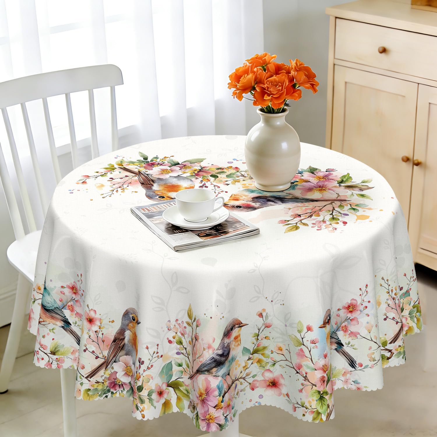 Tischdecke Rund 120 cm Wetterfest Abwaschbar - Polyester Aquarellvogel Muster - Outdoor Tischdecke für Garten Küche Esszimmer Balkon - für 2-4 Personen - Wasserdicht & Langanhaltend