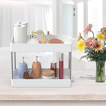 Harroberry Plastic Under Bathroom Cabinet Storage 2 Tier Under Sink Storage Rack, Under Cabinet Organizer Baskets, Multi-Purpose Under Sink Shelf Organizer for Bathroom Kitchen