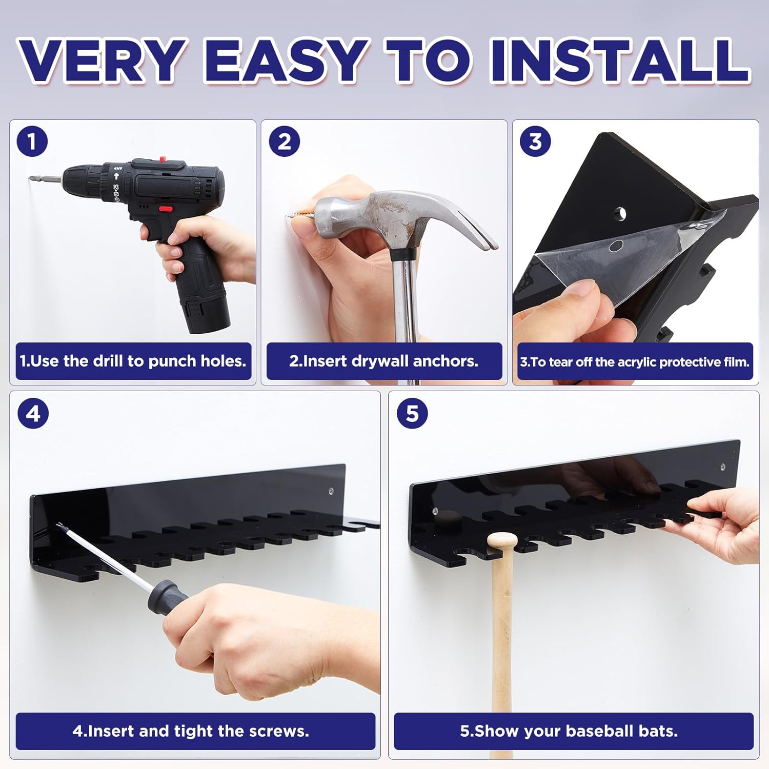Threehoney Mini Baseball Bat Holder Display Rack Wall Mount Hanger Black Acrylic Vertical Bat Hanging Rack Organizer with Top Diameter 0.7-0.8 Inch