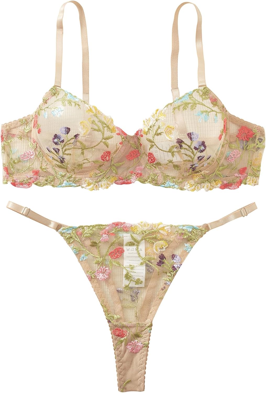 Aimedalis Sexy Floral Embroidered Mesh Underwire Push Up Bra & Panty Lingerie Set for Women