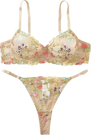 Floral Embroidered Mesh Underwire Lingerie Set
