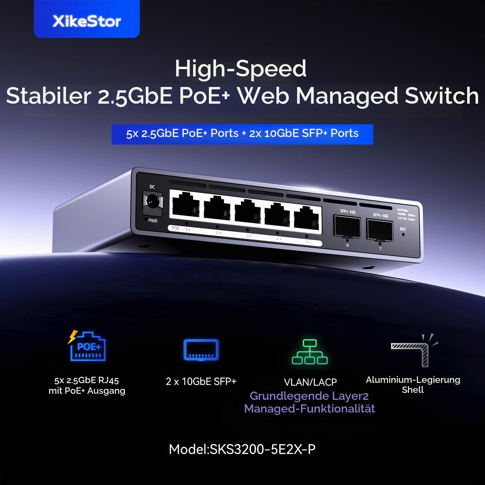 7-Port 2.5G Managed PoE+ Switch 5X 2.5GbE RJ45 PoE+ 2X 10G SFP+ | VLAN/LACP/QoS/STP/IGMP, Web-Managed, Fanless Metallgehäuse für IP Kamera, NAS, WiFi 6/7 AP