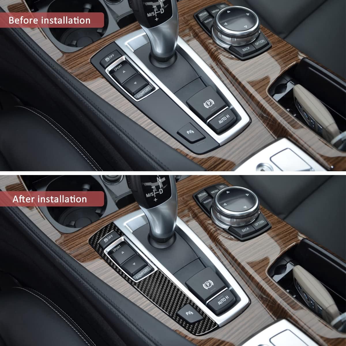 SUNJIKA Compatible with Carbon Fiber Center Consoles Driving Mode Control Panel Cover Trim Interior for BMW 5 Series F10 F11 F18 520i 525i 528i 530i 535i 2011-2017 (Black 1PCS)